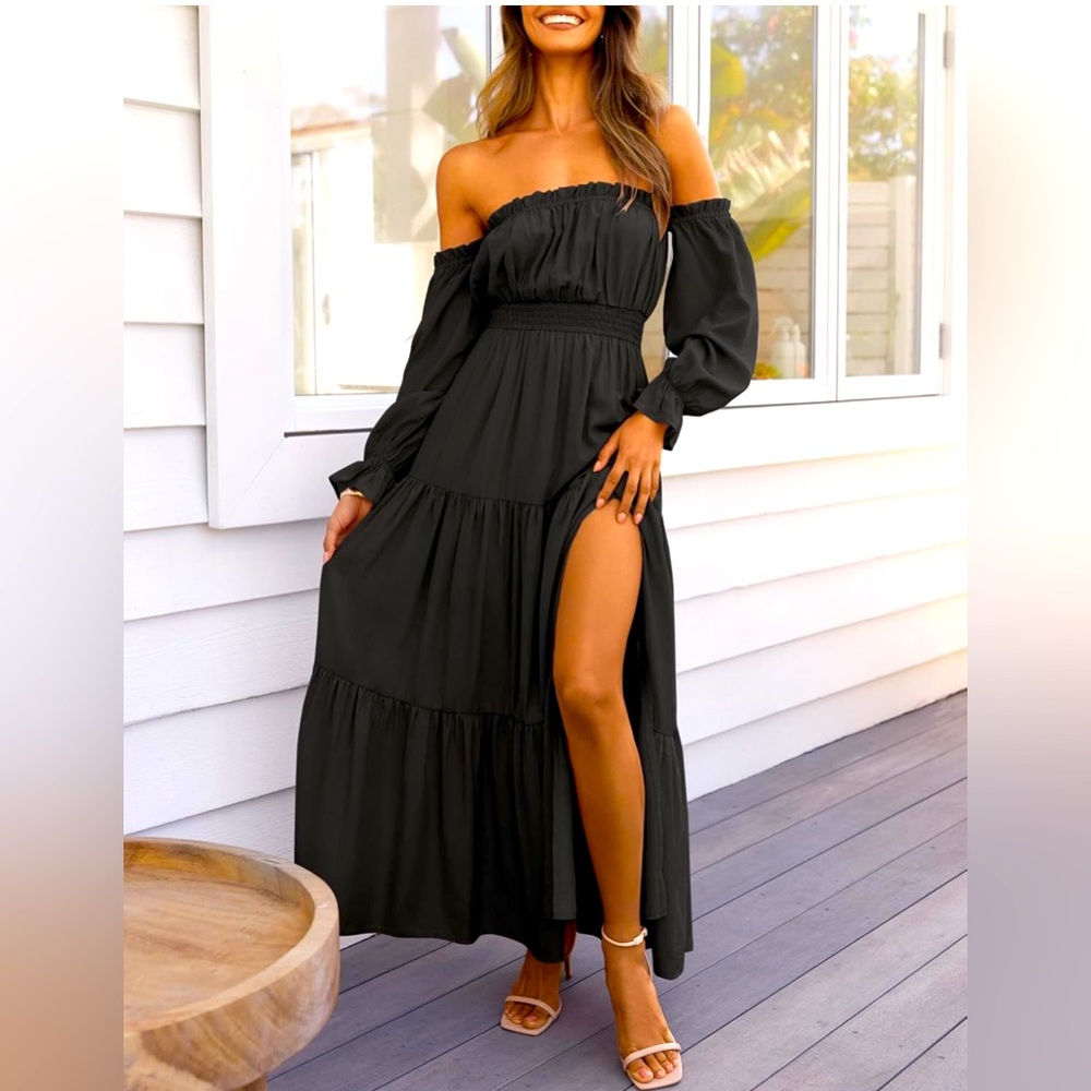 Boho Sexy Off Shoulder Long Sleeve High Waist Side Split Flowy  Long Maxi Dress